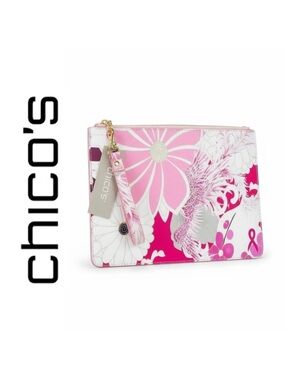 CHICO's Pink and Gray Floral Zip LBBC Pouch with Strap NWT